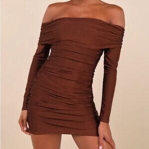 Lulu's Elegant Off-Shoulder Long Sleeve Dress in Brown